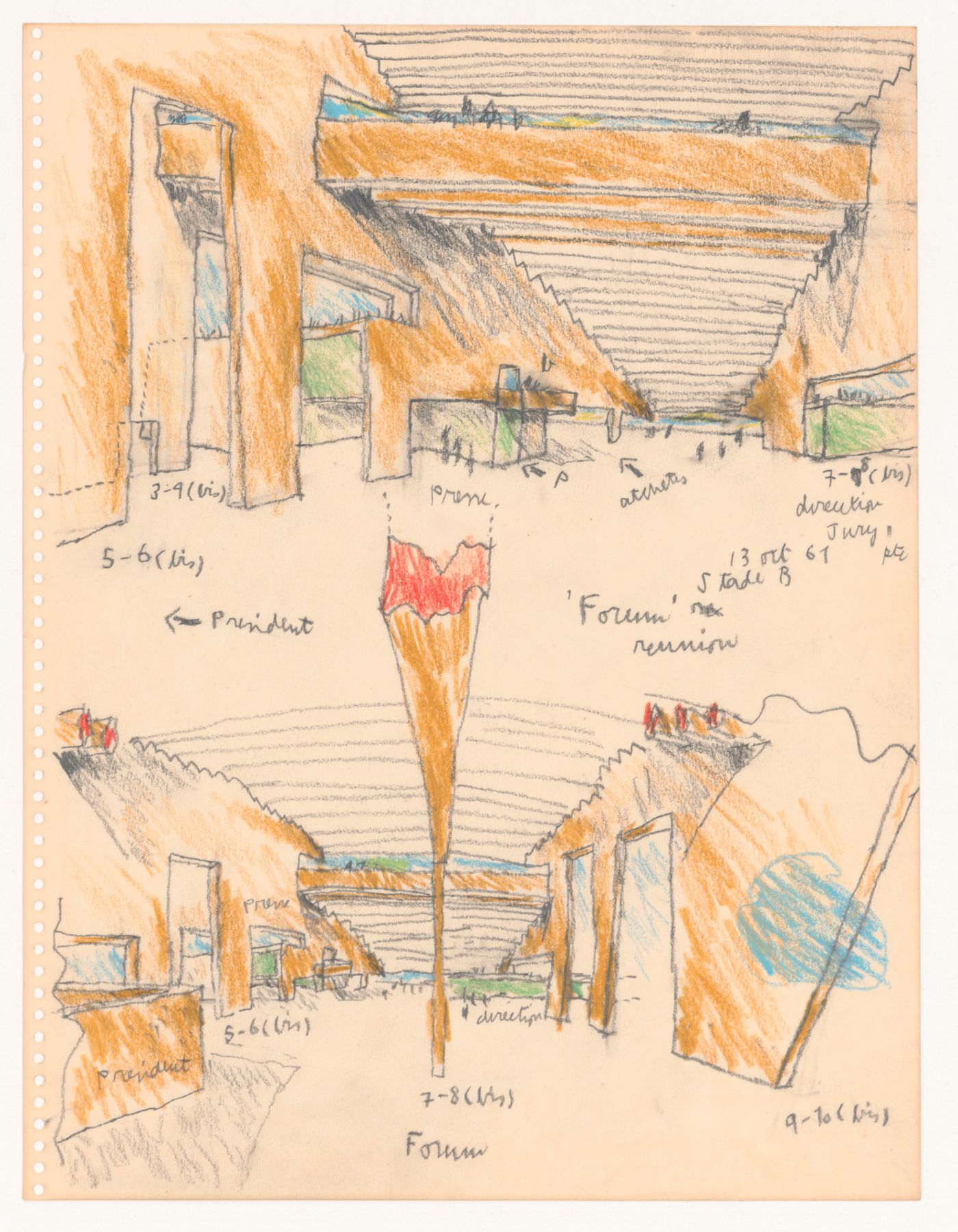 Sketches for access to presidential, press and jury boxes, Olympic Stadium, Baghdad