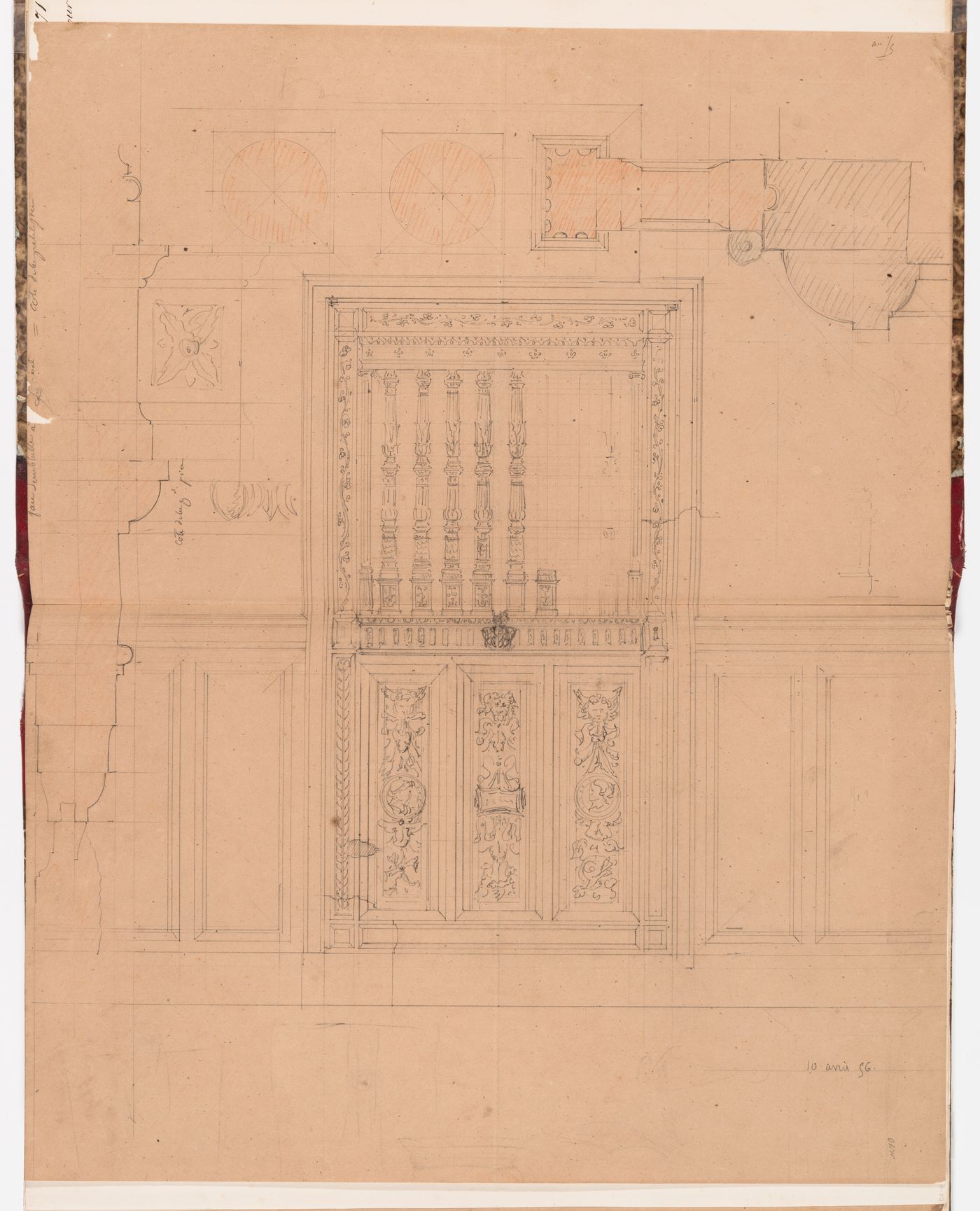 Elevation, joinery details and details for the ornamentation for a wooden screen for the "cabinet de travail" or the "cabinet sur la cour" on the second floor, Hôtel Soltykoff