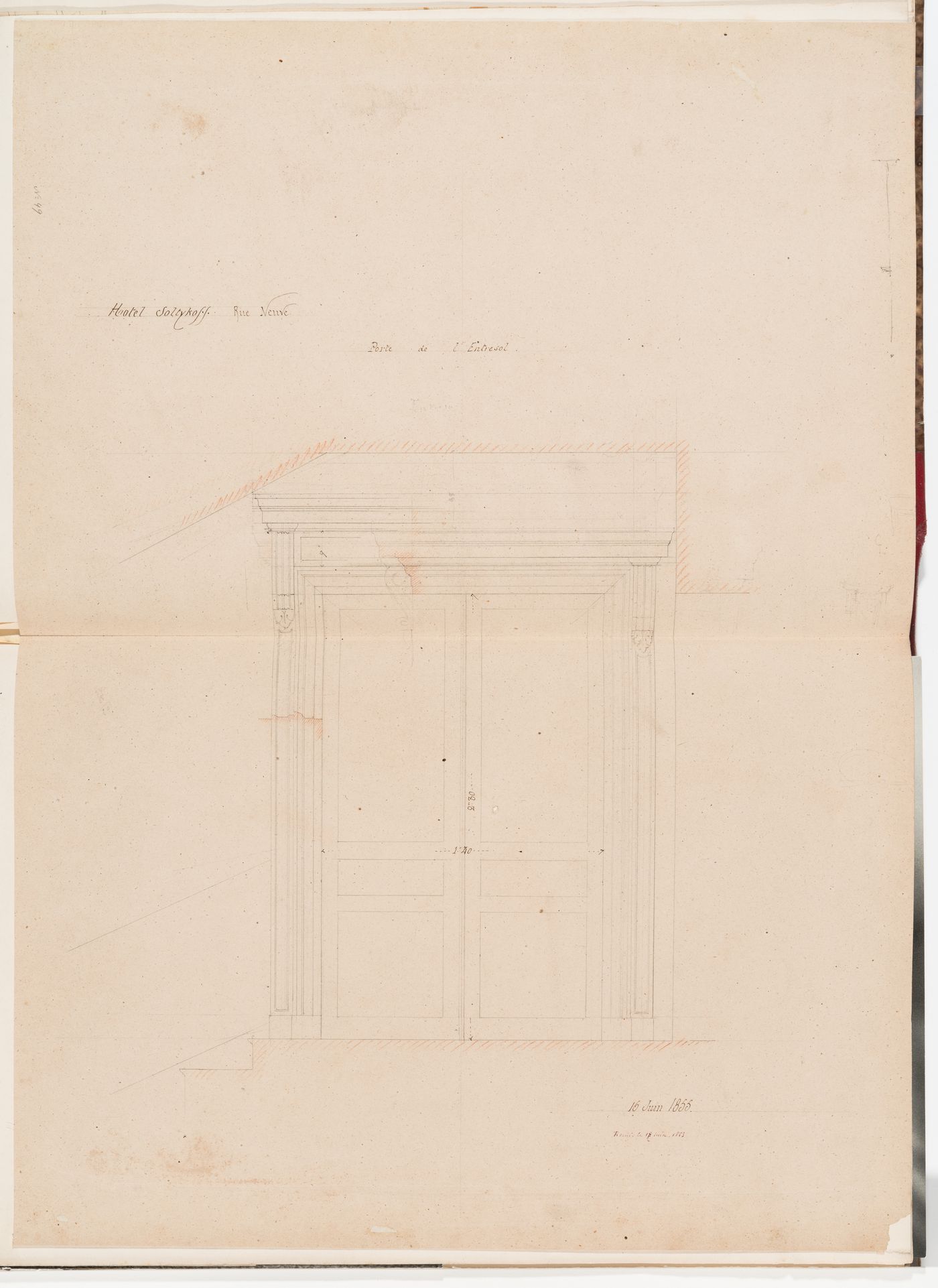 Elevation with moulding profiles for the door on the "entresol" of the grand staircase, Hôtel Soltykoff