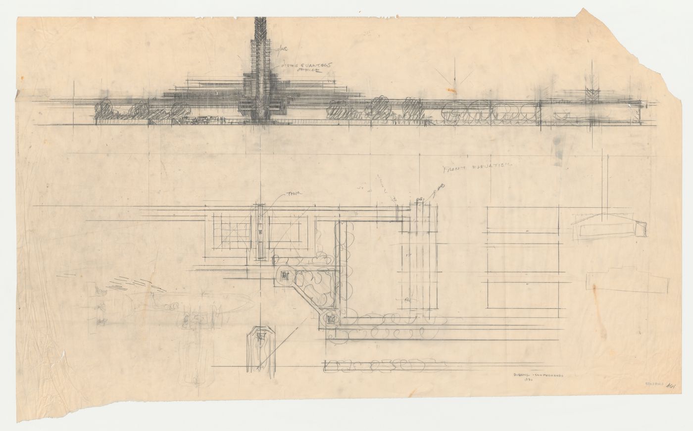 Partial elevation and plan for an airport control tower and buildings