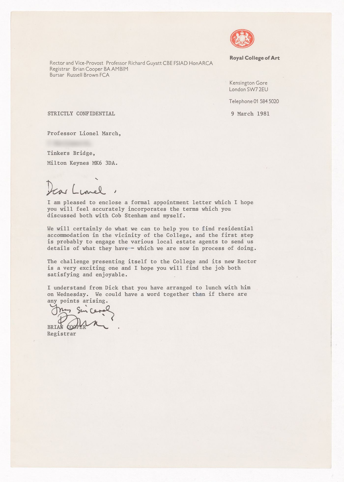 Correspondence from Brian Cooper to Lionel March regarding appointment as Rector at the Royal College of Art, London