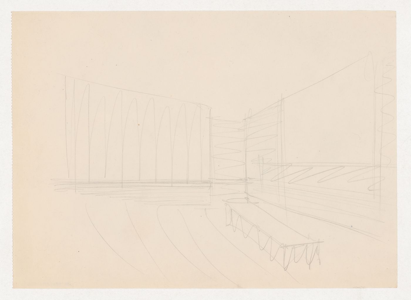 Interior perspective sketch for an auditorium, showing lectern and screen, for the Metallurgy Building, Illinois Institute of Technology, Chicago