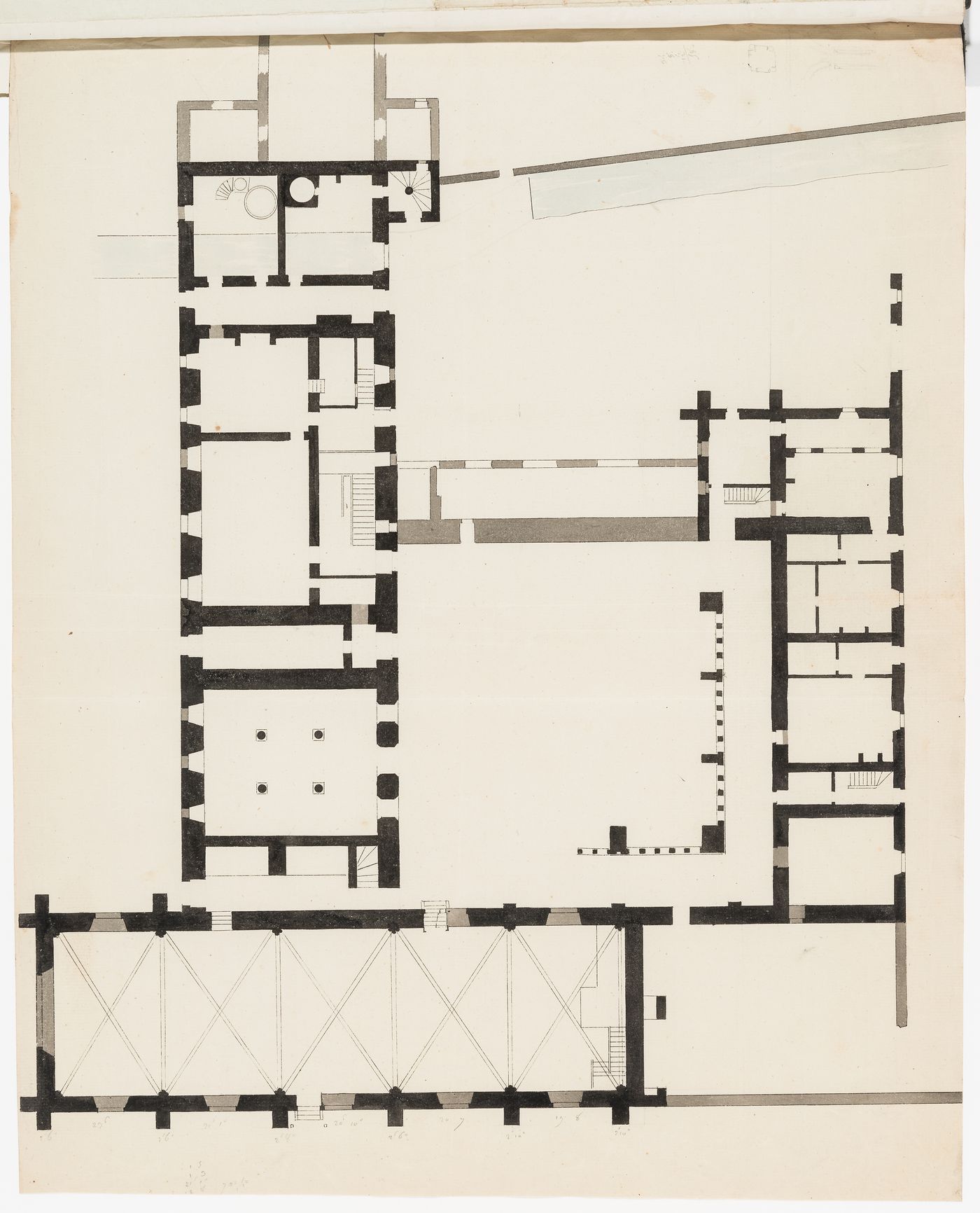 Ground floor plan of the house and adjacent outbuildings, Domaine de La Vallée; verso: Preliminary sketches including a site plan, plans and elevations for the house and outbuildings, Domaine de La Vallée