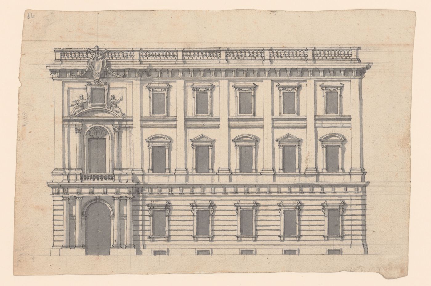 Elevation for a palazzo façade; verso: Sketches