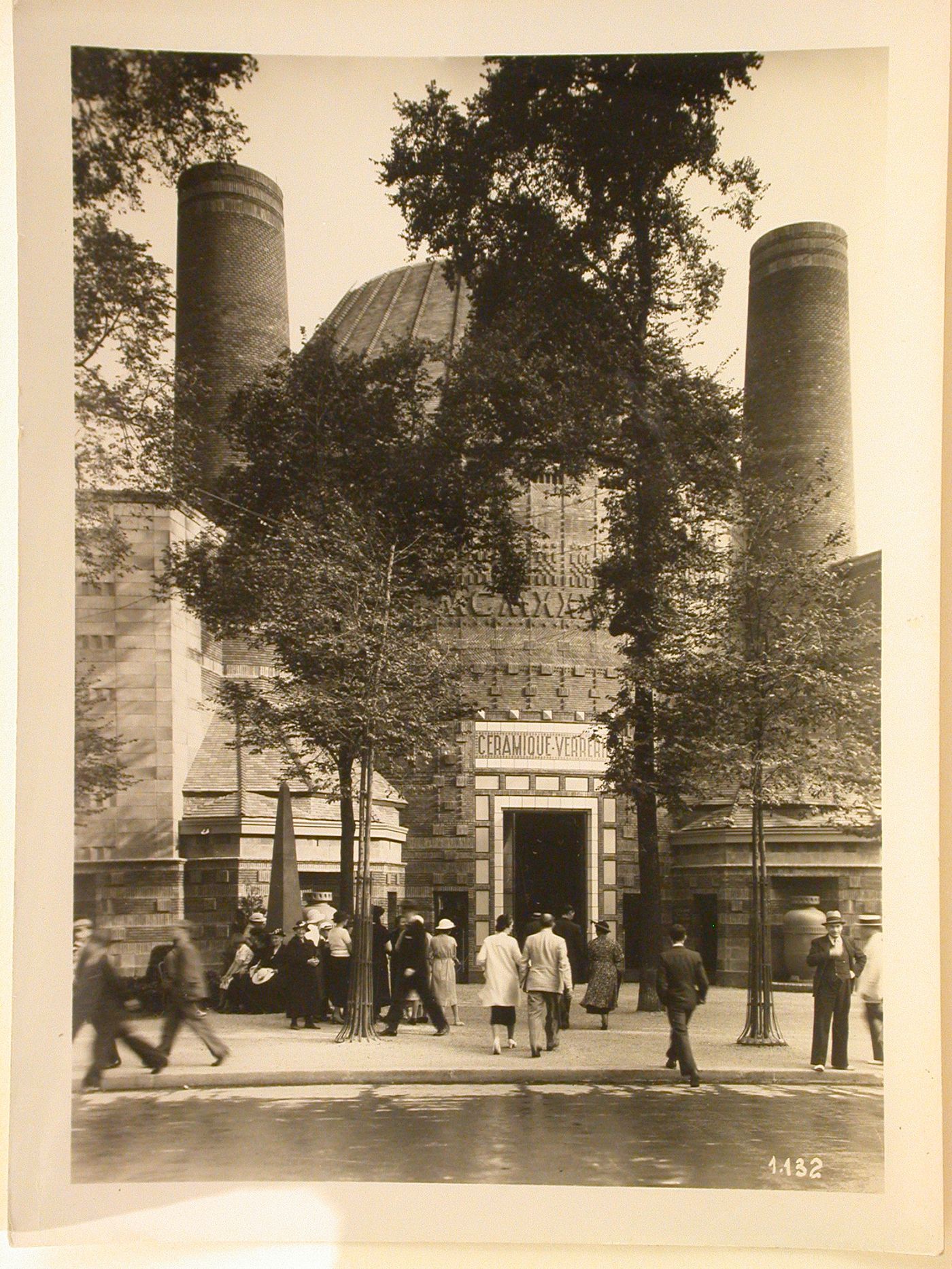 View of the main entrance to the Pavillon de la Céramique, de la Verrerie et de la Monnaie, 1937 Exposition internationale, Paris, France