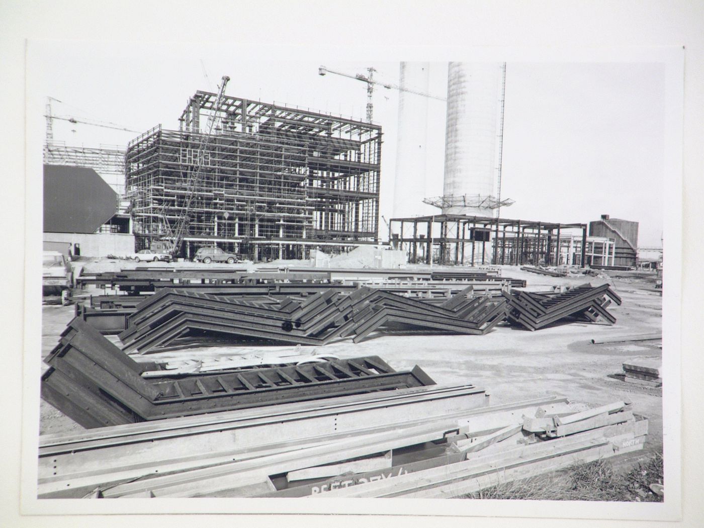 View of steel beams used for construction of power station, United Kingdom