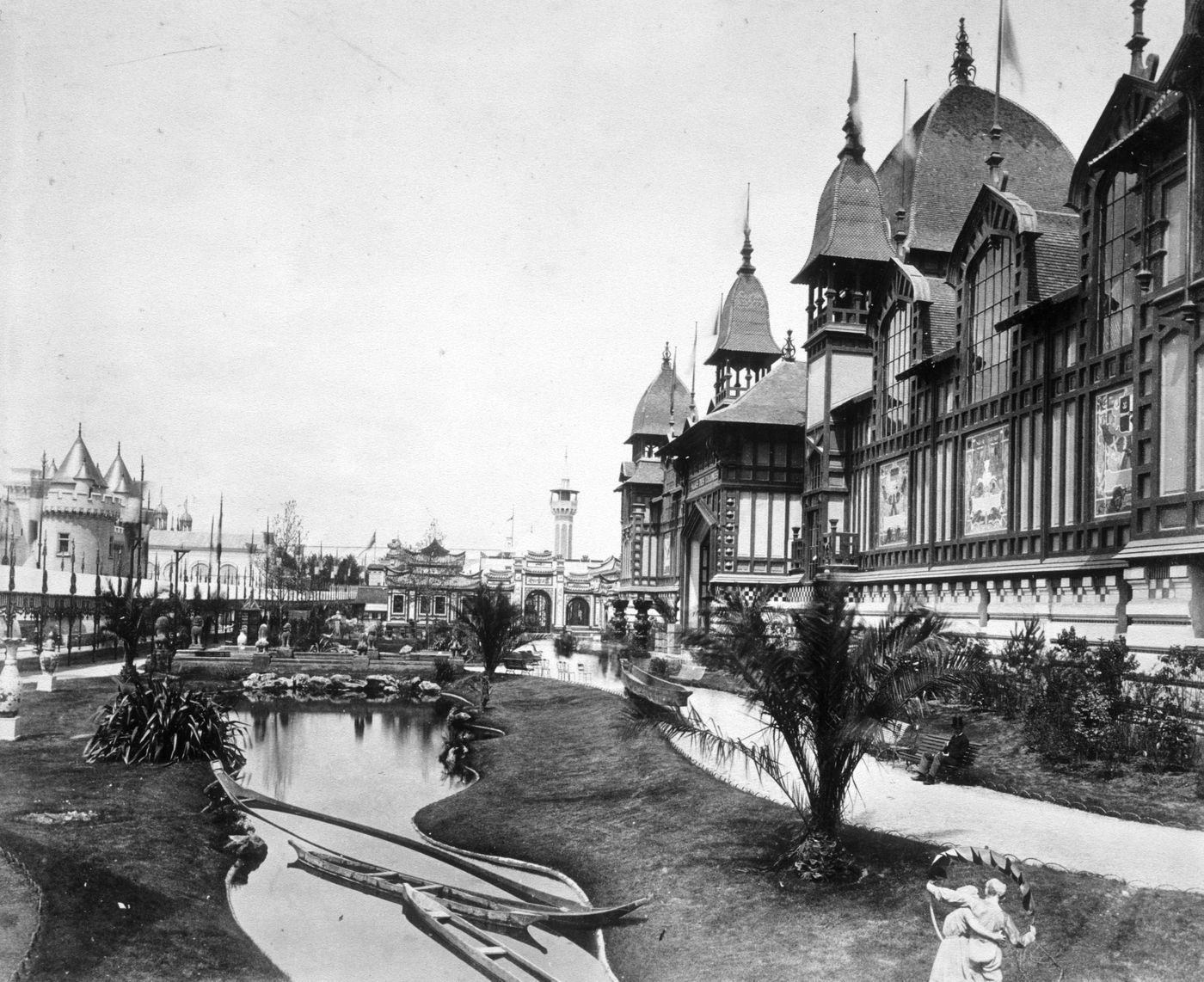 View of pavilions at the Exposition universelle de 1889, Paris, France, with the "Palais central des Colonies", designed by Stephen Sauvestre, on the right