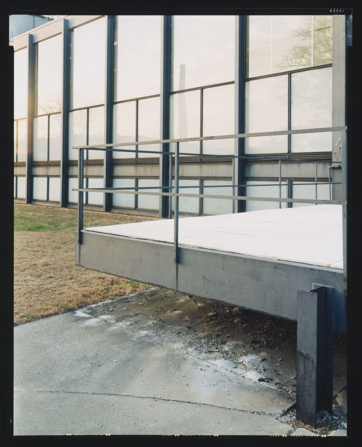 Partial view of Crown Hall showing the terrace at the main entrance, Illinois Institute of Technology, Chicago, Illinois