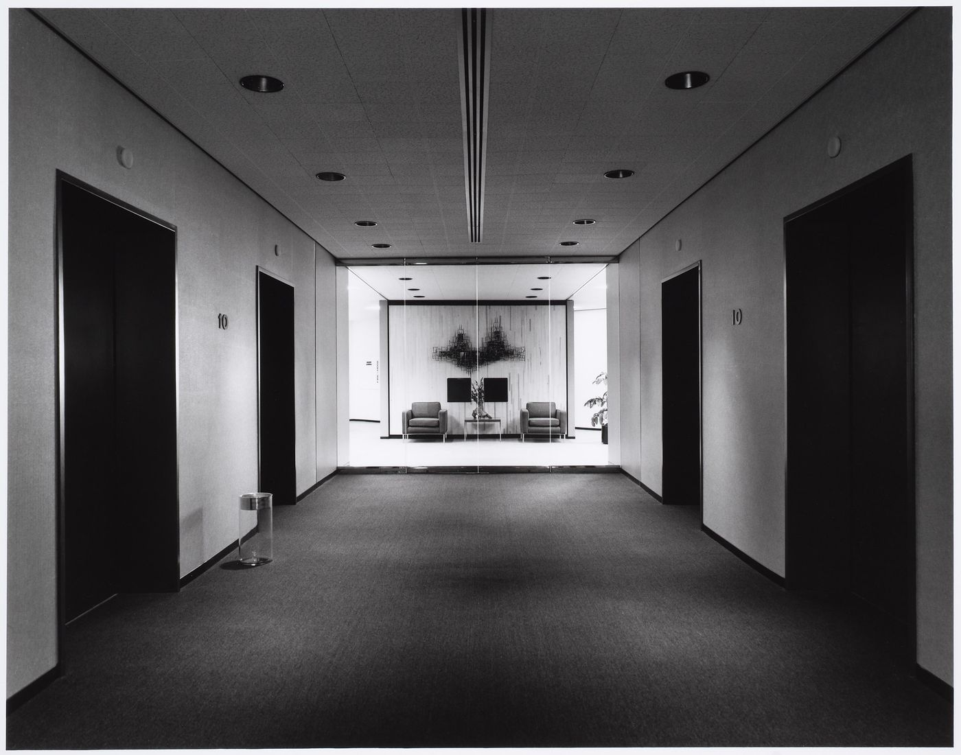 Interior view of the elevator bays and reception area of the Shell Information Center, Houston, Texas, United States