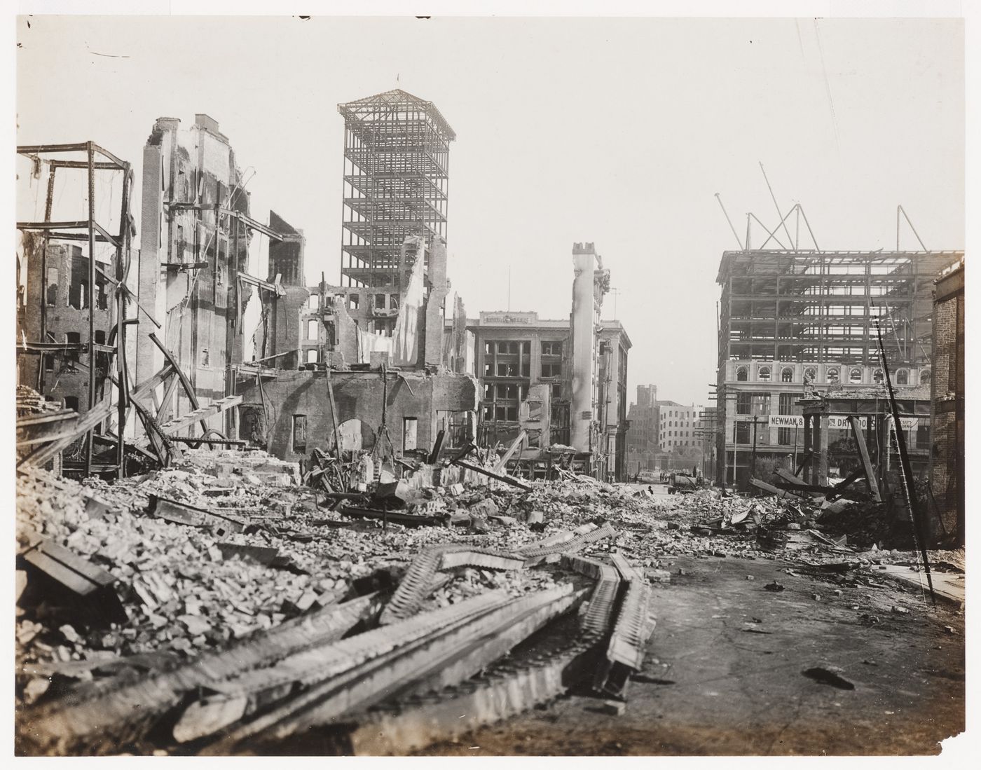 General view of the aftermath of the 1906 earthquake and fire, Stockton Street near Market Street, San Francisco, California