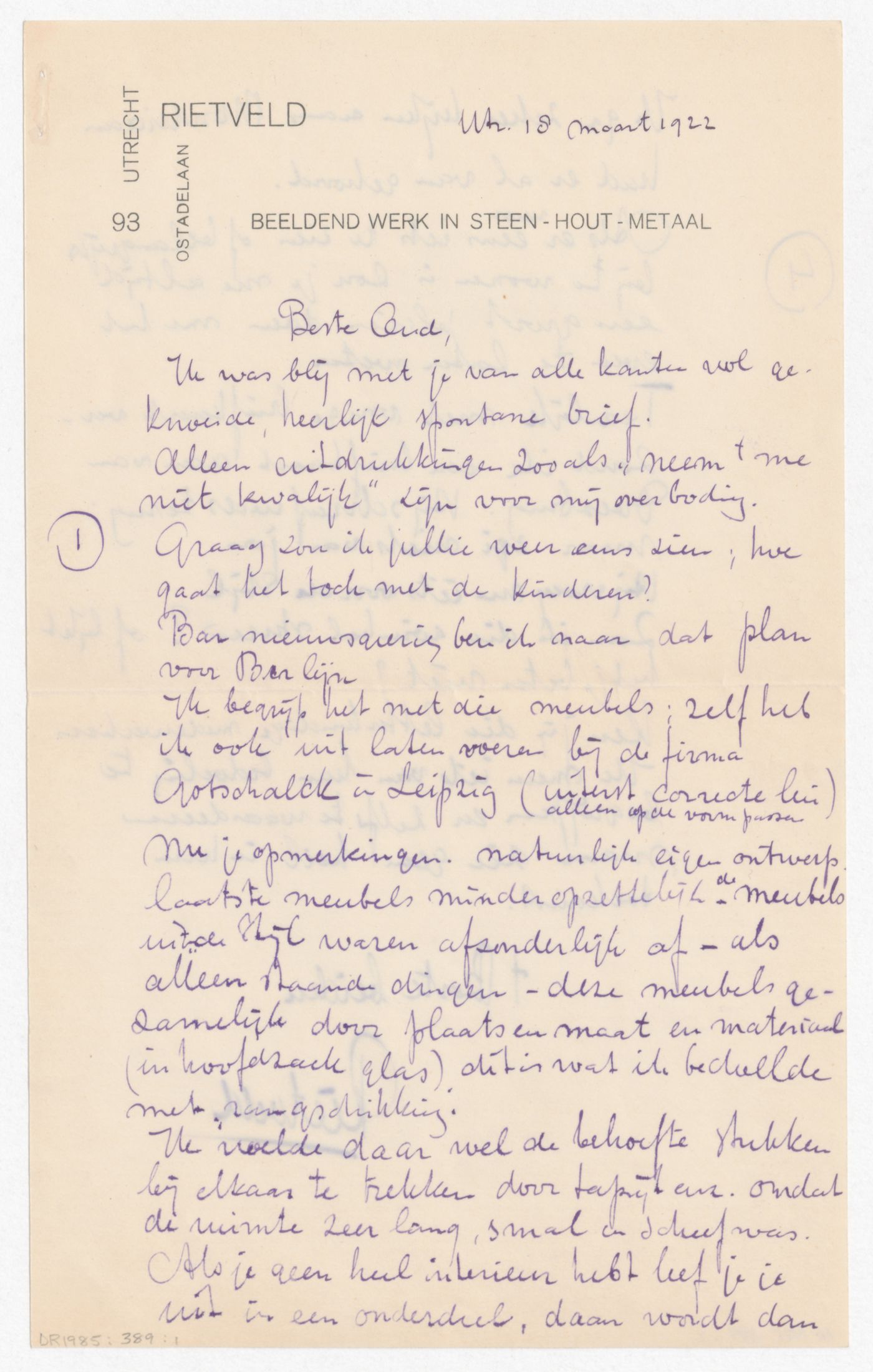 Letter from Gerrit Thomas Rietveld to J.J.P. Oud, 18 March 1922