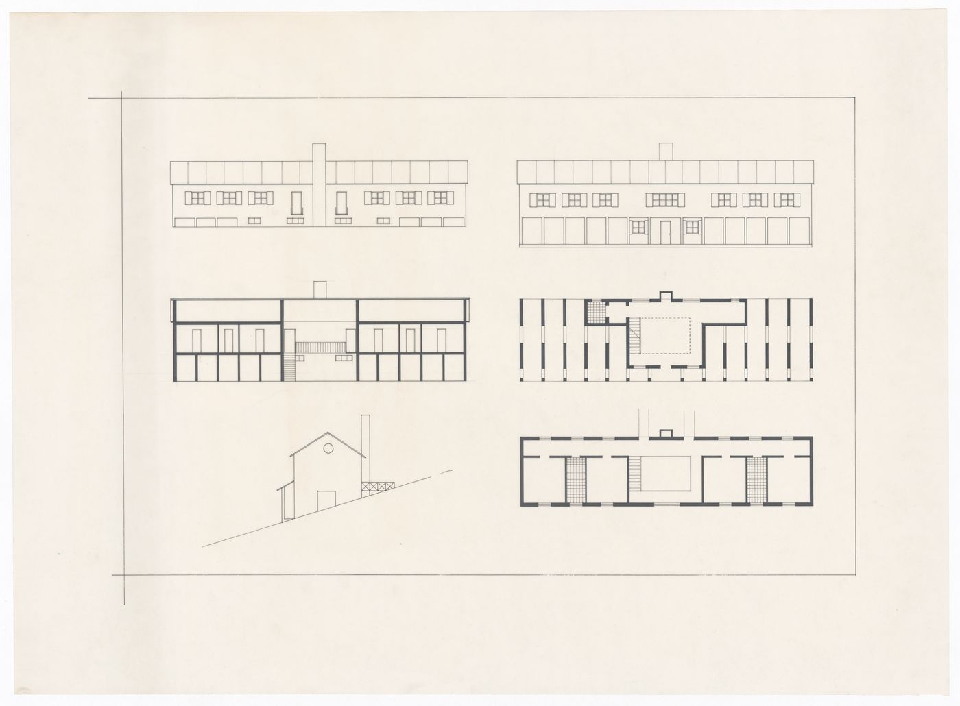 Plans, section and elevations for Casa Ornaghi, Bracchio