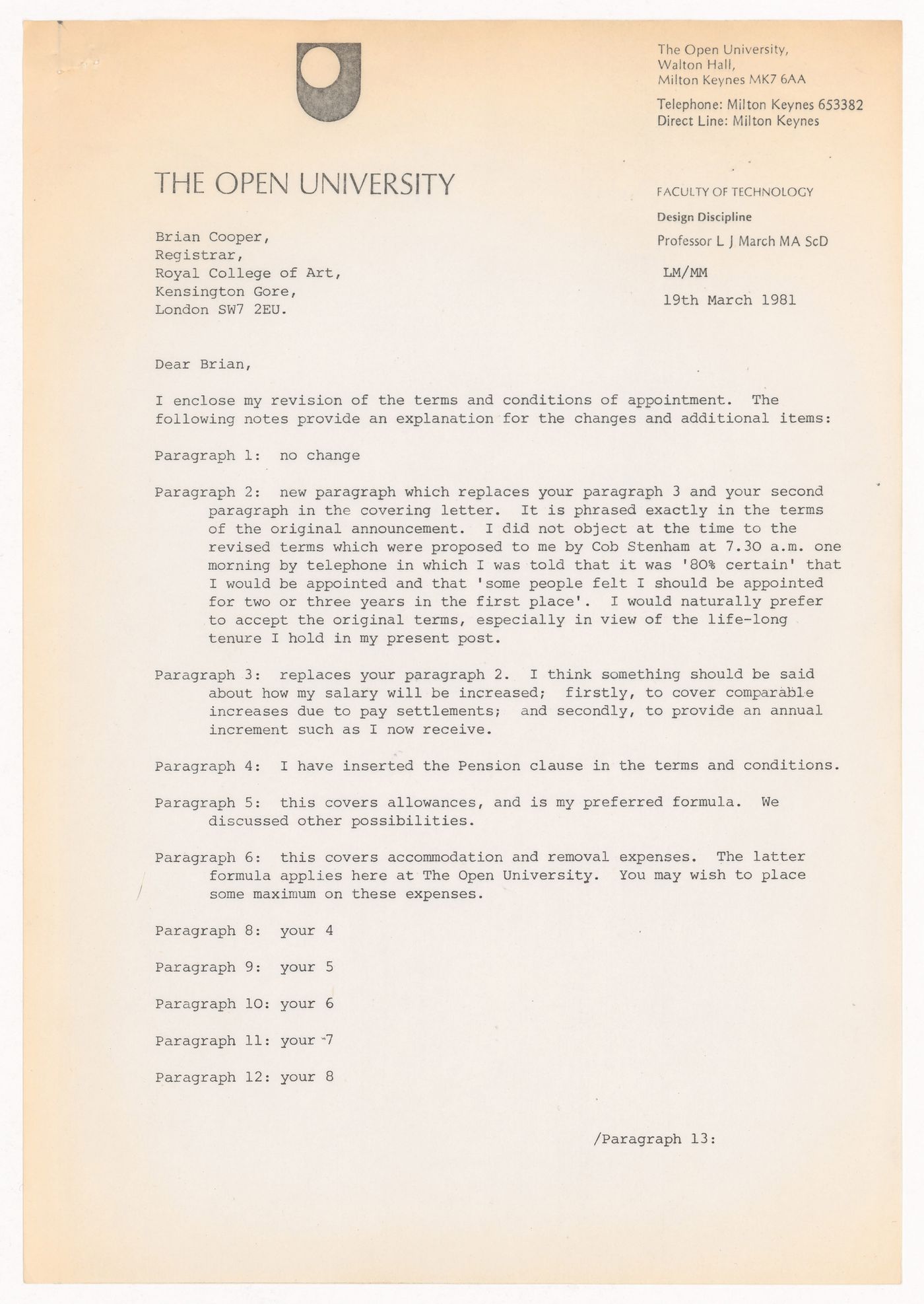 Letter from March to Royal College of Art on revisions to his Terms and conditions of employment