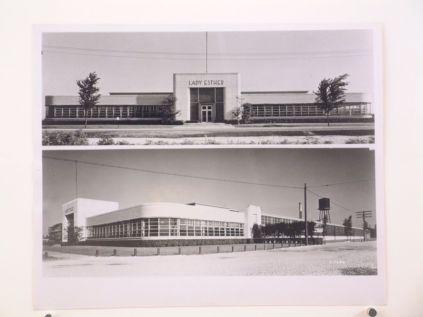 Views of the principal façade of the Administration Building and the lateral façades of the Administration Building and the Plant, Lady Esther Company, Chicago, Illinois