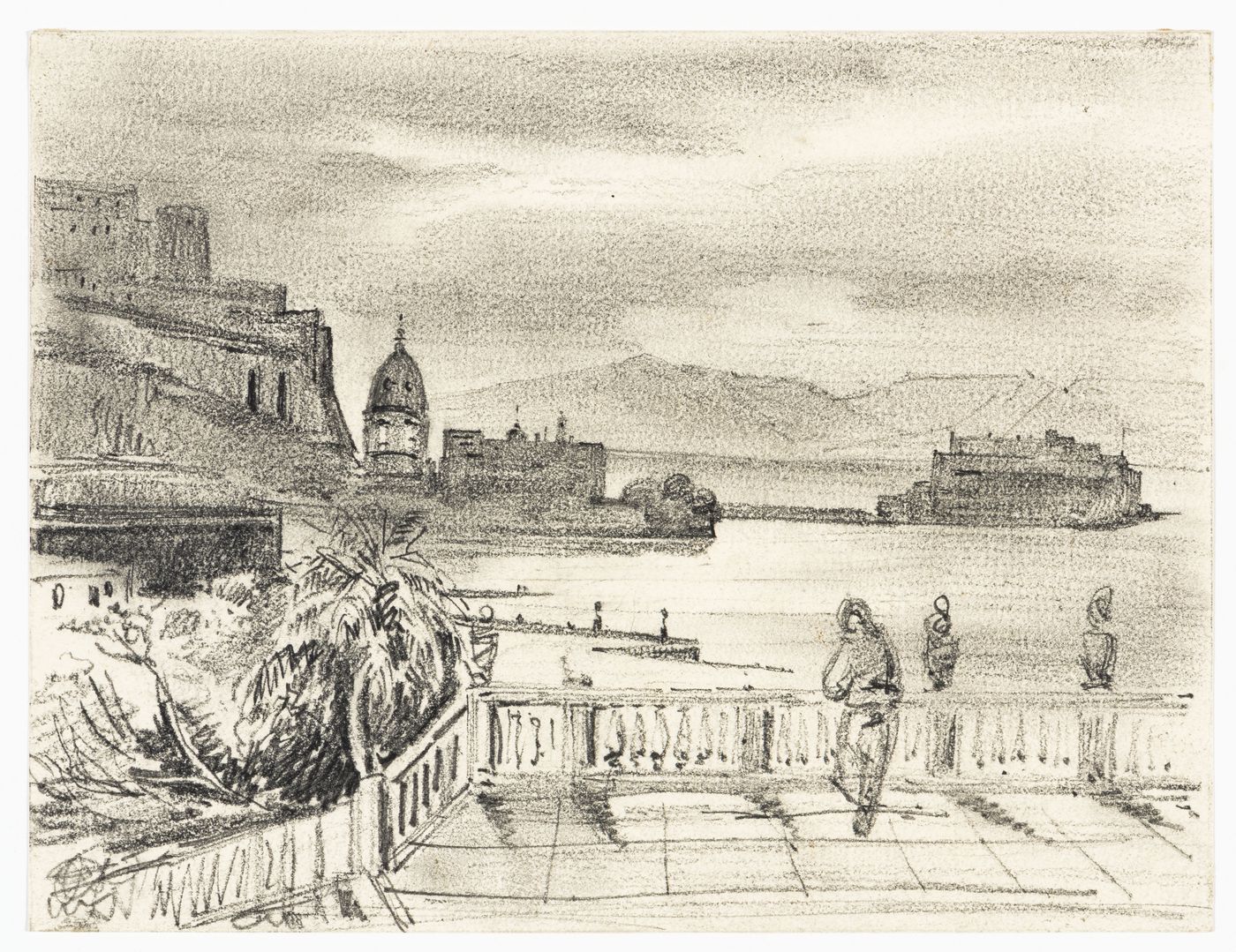 View of a harbour with a large domed building; verso: Sketch of a harbour with a large domed building