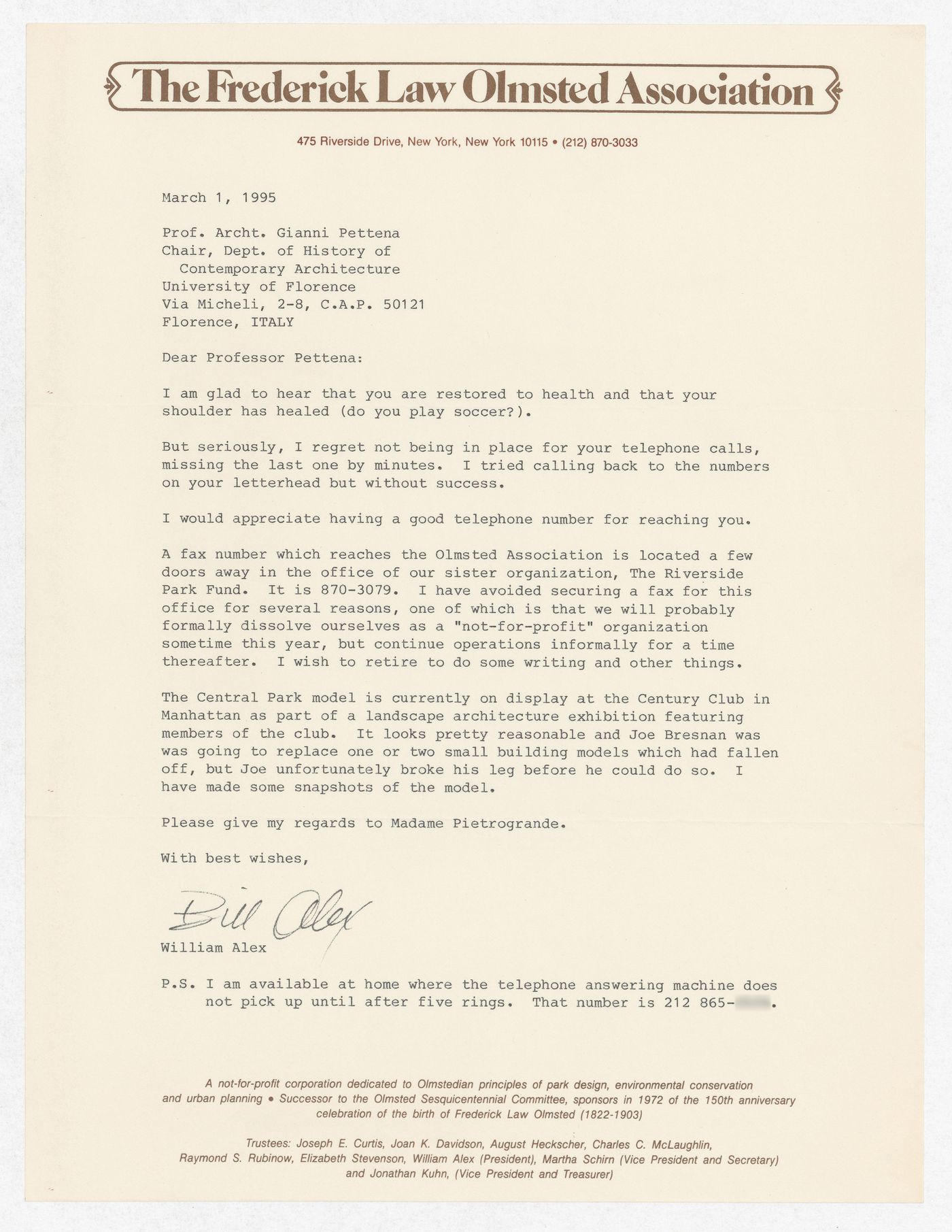 Correspondence with William Alex from The Frederick Law Olmsted Association for the exhibition Olmsted: L'origine del parco urbano e del parco naturale contemporaneo