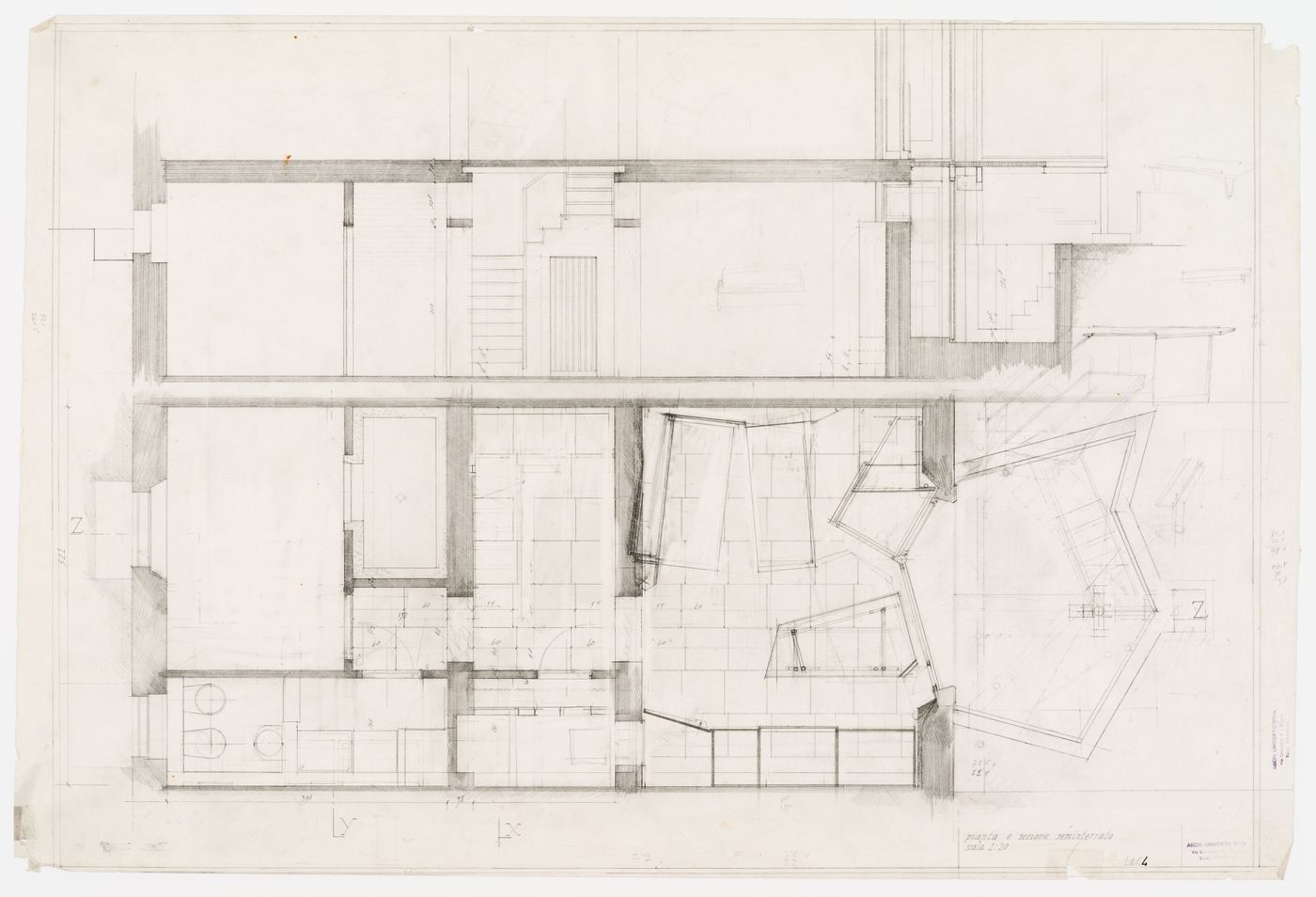 Plan and section of the basement for Casa Frea, Milan, Italy