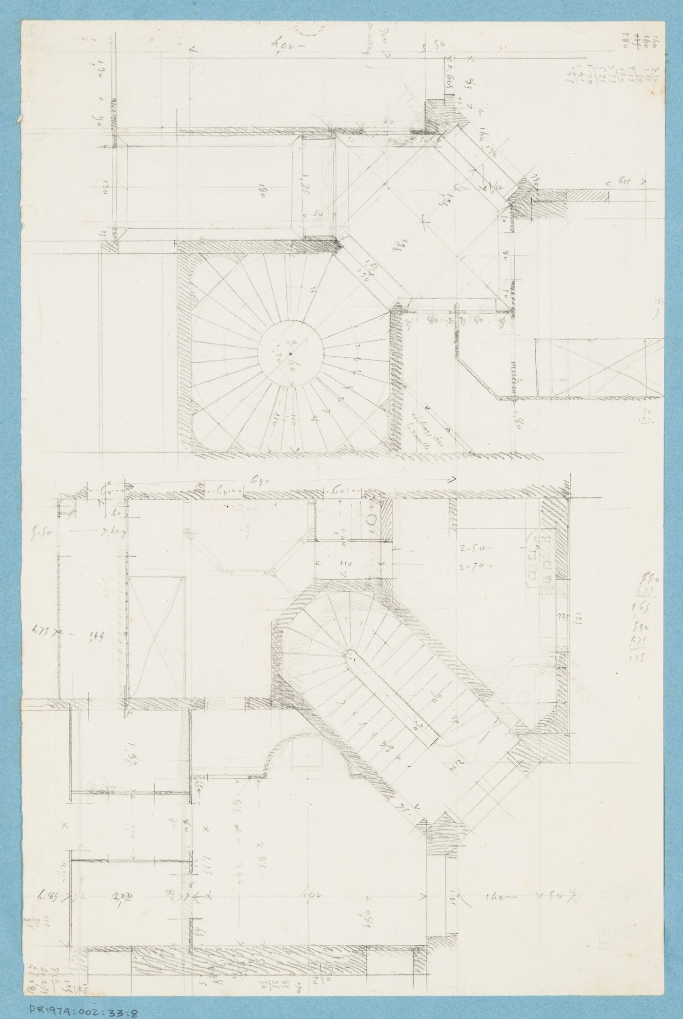 Project for a hôtel for M. Busche: Partial plans showing the stairs for a four-storey hôtel
