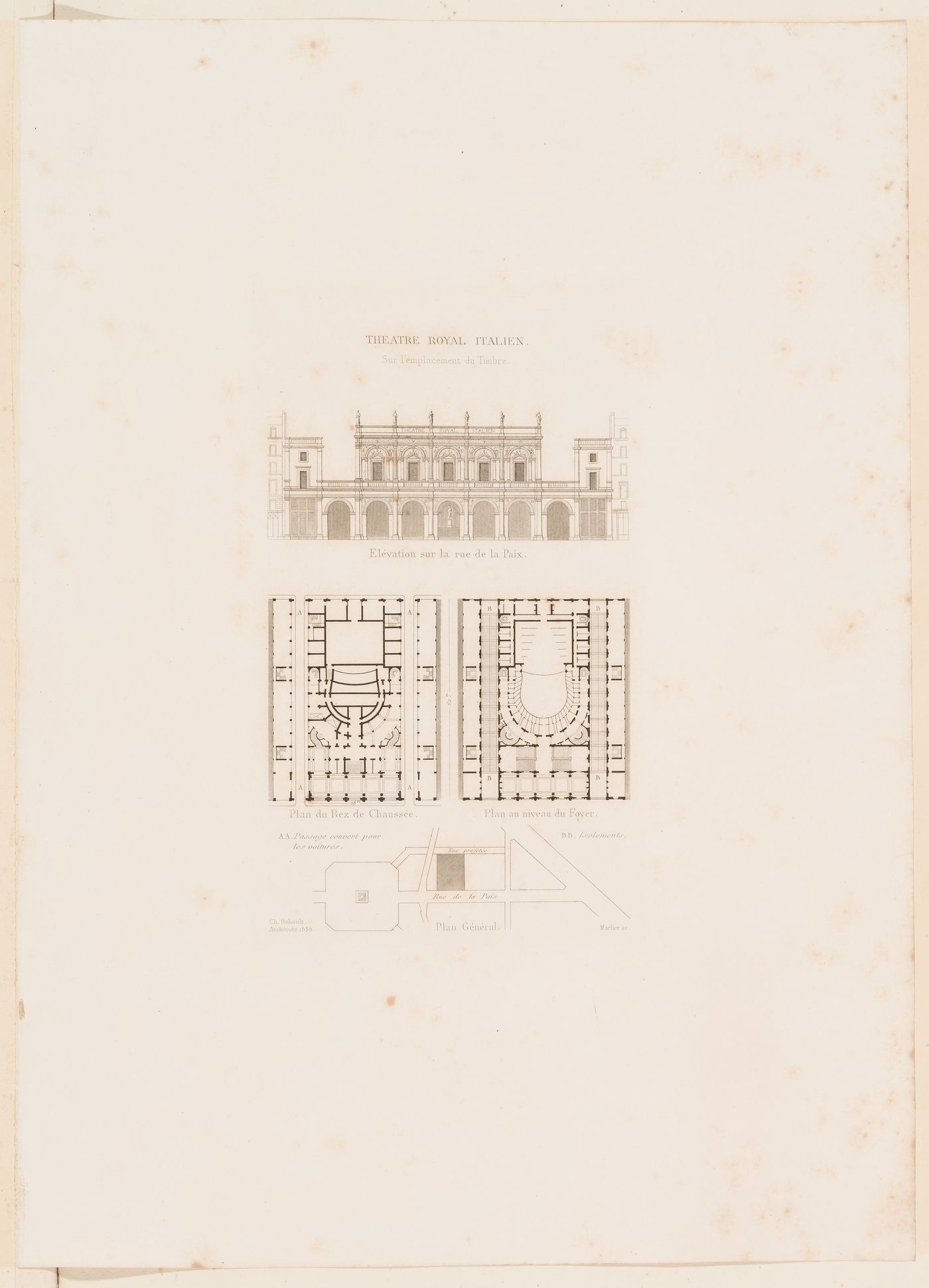 Elevation for the principal façade for the Théâtre Royal Italien, with site plan and ground floor and "niveau du foyer" plans