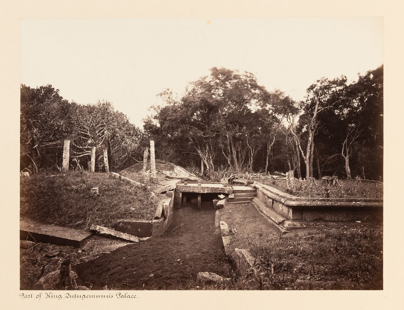 View of pavilions and a stone platform, King Mahasen's Palace, Anuradhapura, Ceylon (now Sri Lanka)
