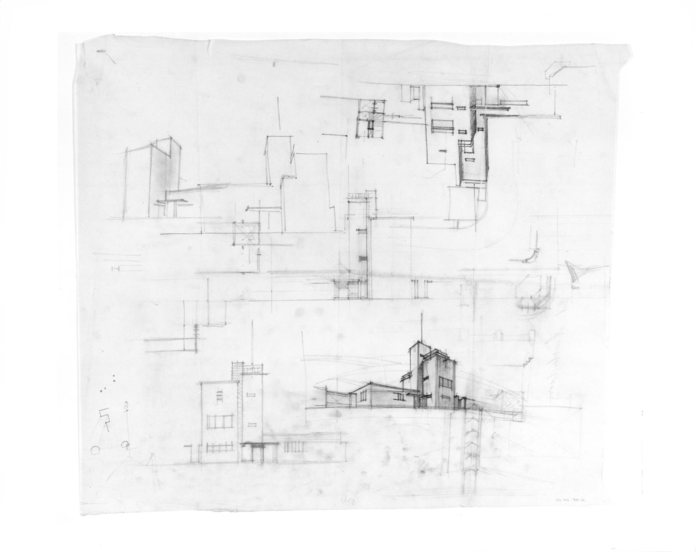 Sketch perspectives, sketch elevation, and sketch plan for an administration building for the Shell Company, Amsterdam, Netherlands