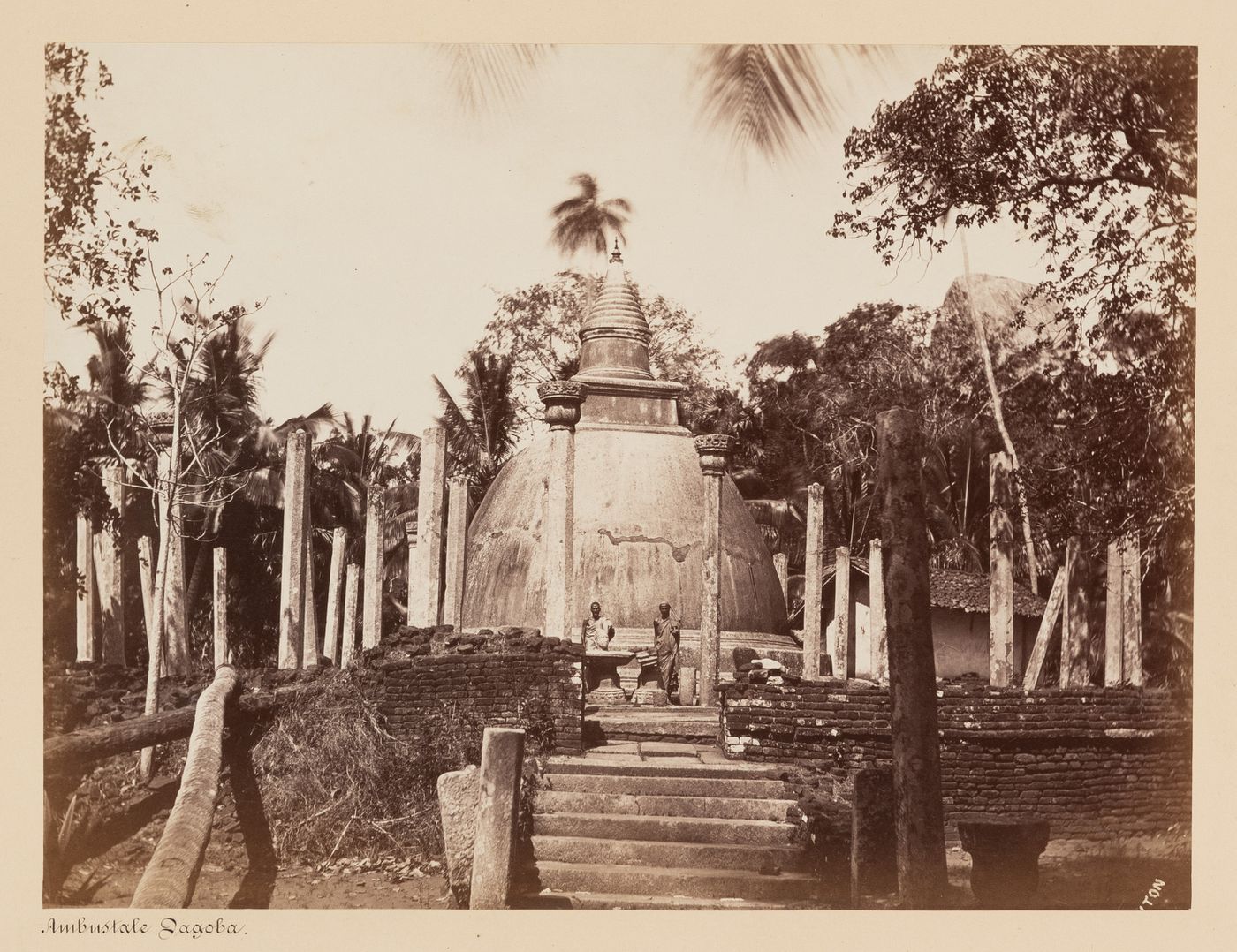 View of the Ambastala Chetiya (also known as the Ambastala Watadage and the Ambastala Dagoba), Mihintale, Ceylon (now Sri Lanka)