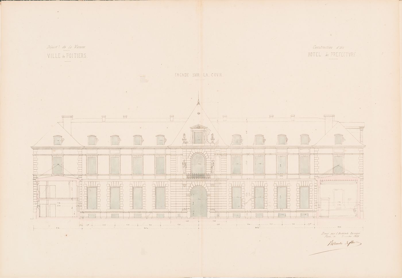Project for a Hôtel de préfecture, Poitiers: Elevation for the principal façade for the Hôtel du Préfet