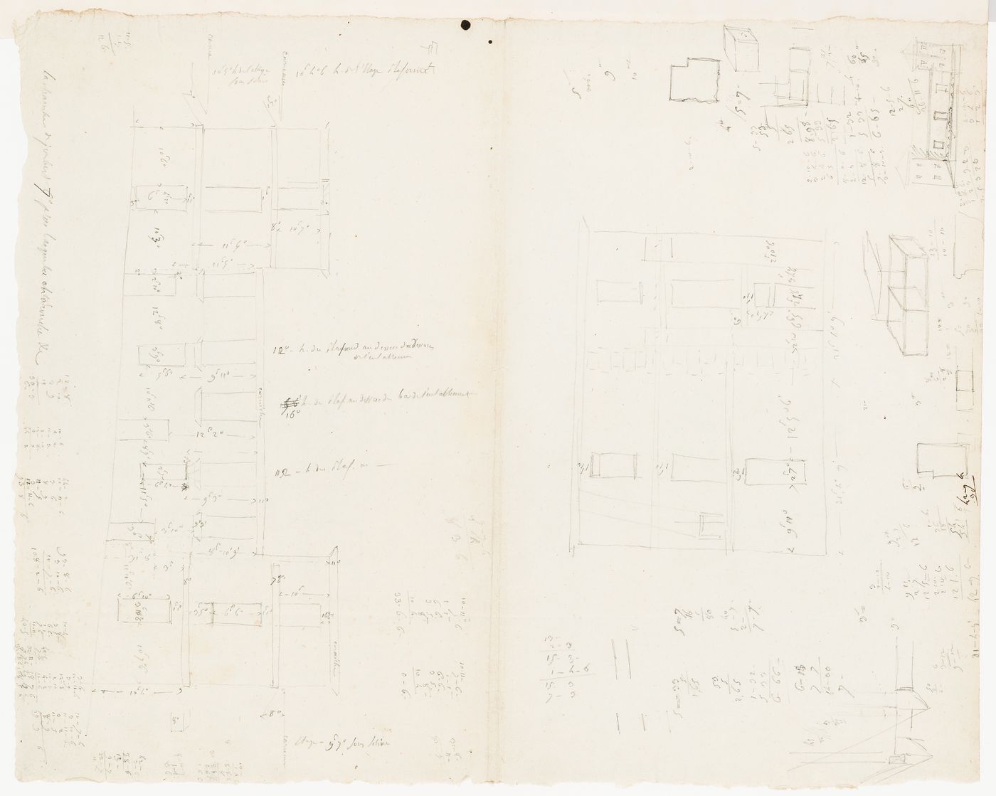 Sketch elevations and dimensioning of the house, and preliminary sketches, probably for renovations, Domaine de La Vallée