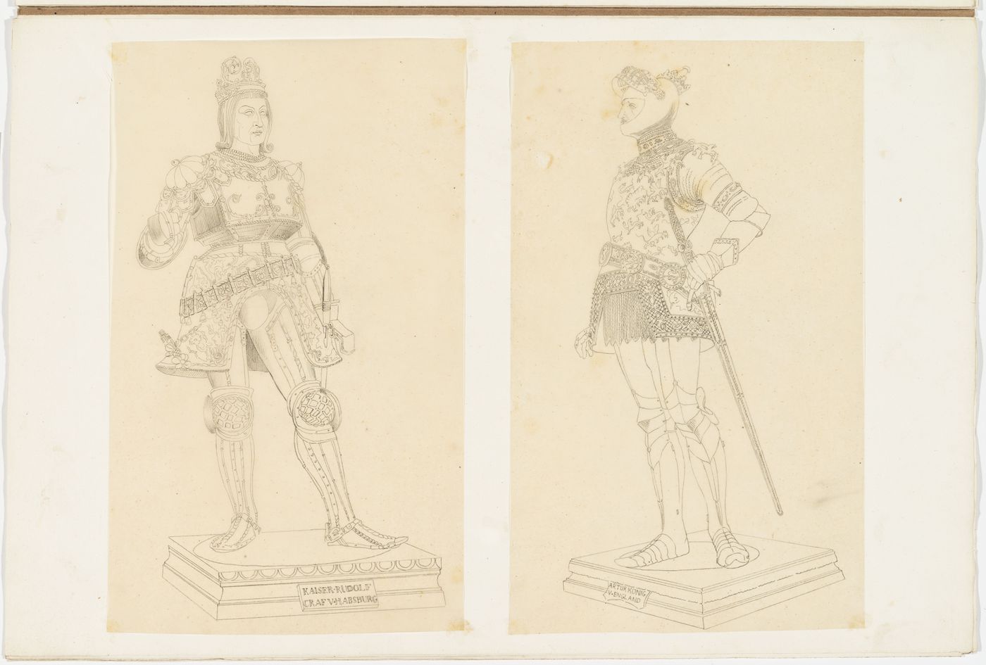 Drawings of the statues the Emperor Rudolf of Habsburg and Arthur the legendary Celtic King, from the cenotaph of Emperor Maximilian I, Hofkirche, Innsbruck