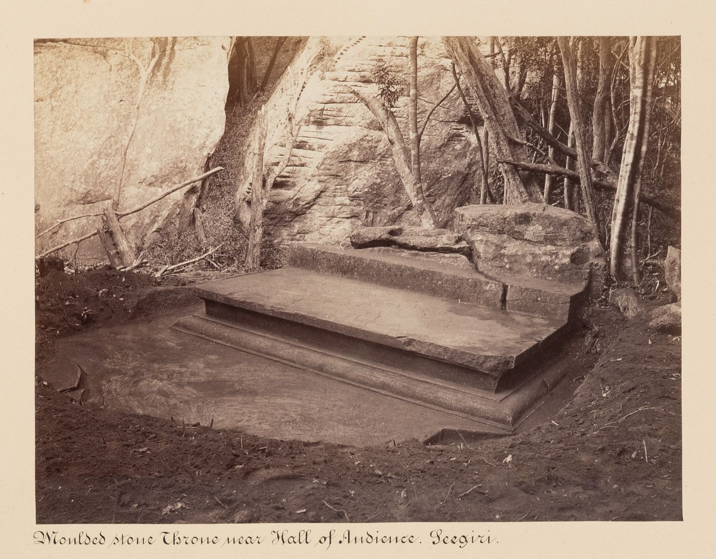 View of a stone throne, near the Hall of Audience, Sigiriya, Ceylon (now Sri Lanka)