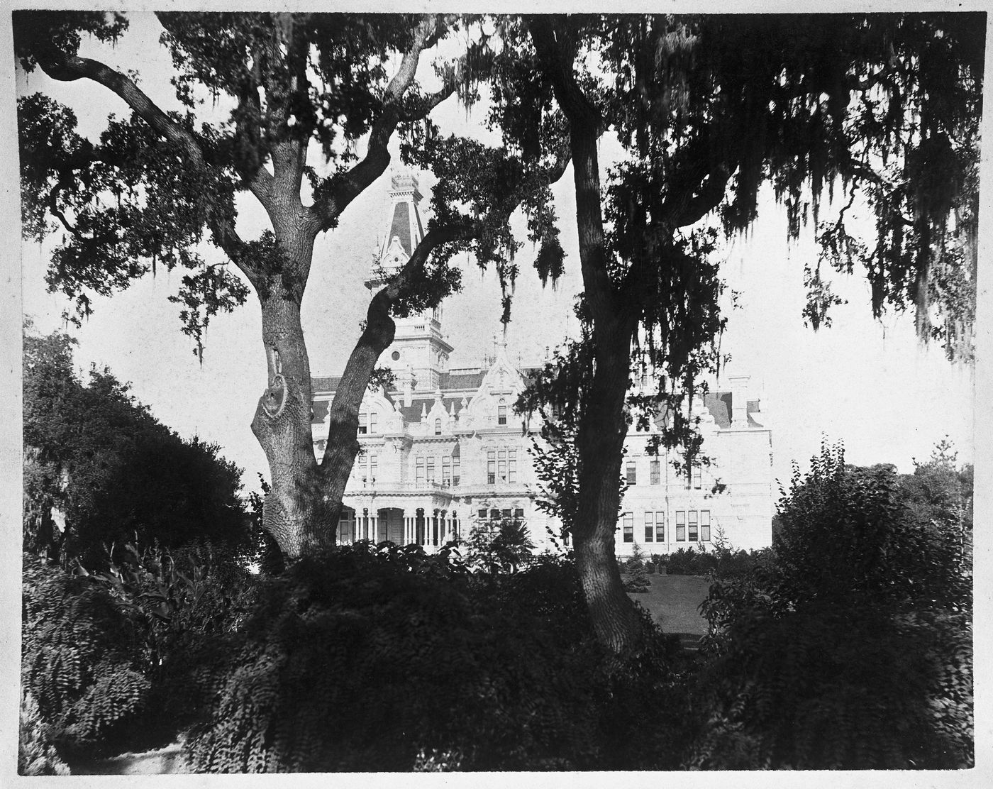 Frontal view of main house and yard, Linden Towers, James Clair Flood Estate, Atherton, California