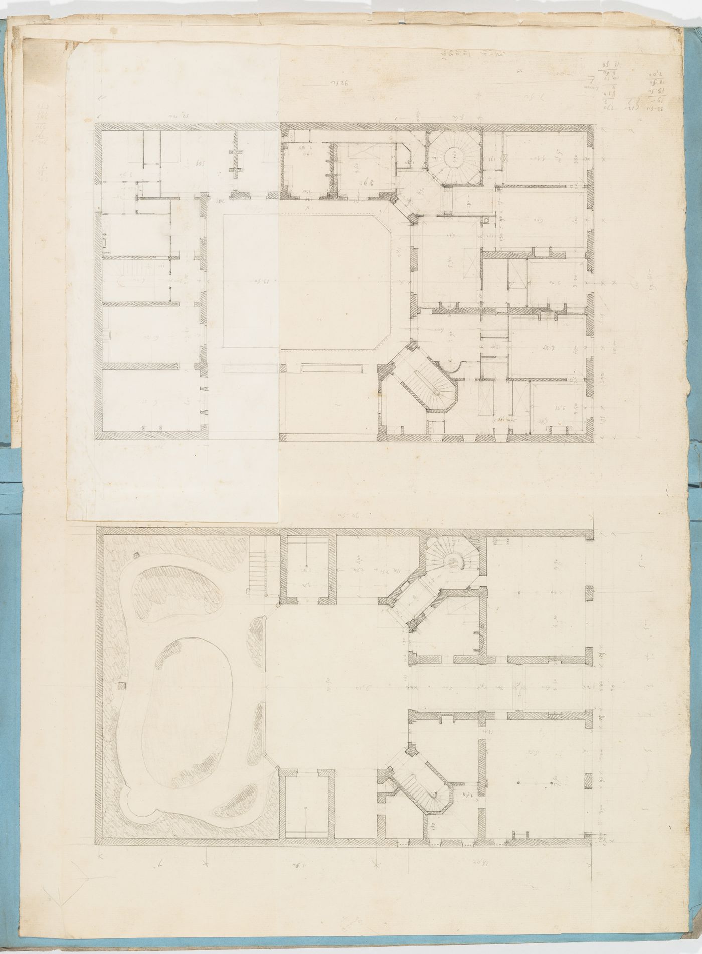 Project for a hôtel for M. Busche: Ground and first [?] floor plans for a four-storey hôtel, with an alternate design for the first [?] floor