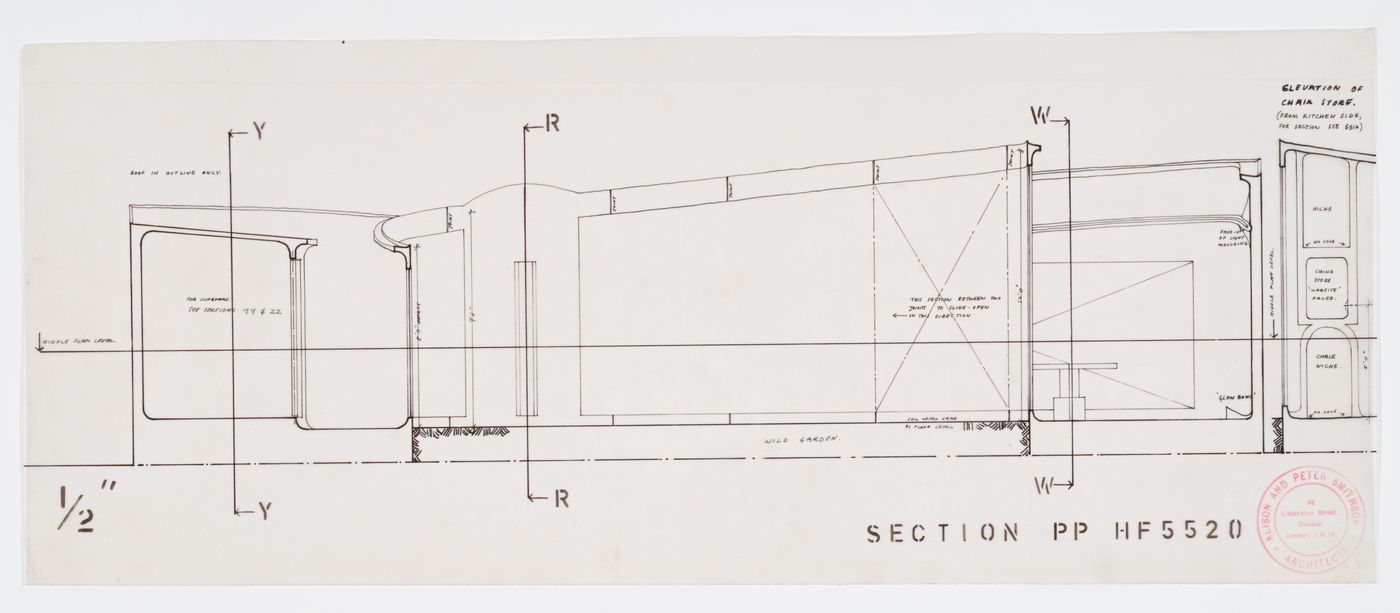 Section PP for the bedroom and an elevation for the chair storage area, House of the Future, Daily Mail Ideal Homes Exhibition, London, England