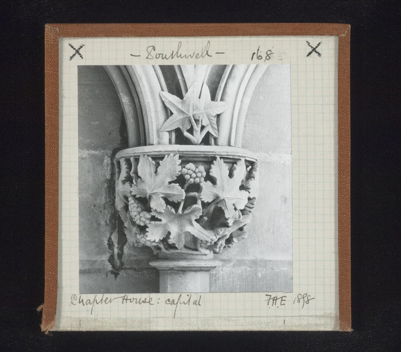 View of capital with leaf carving on the abacus at Chapter House, Southwell Minster, Southwell, Nottinghamshire, England