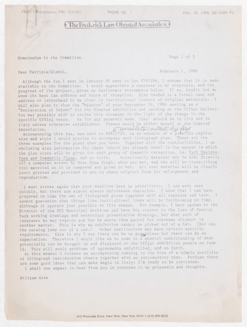 Correspondence with William Alex of The Frederick Law Olmsted Association for the exhibition Olmsted: L'origine del parco urbano e del parco naturale contemporaneo