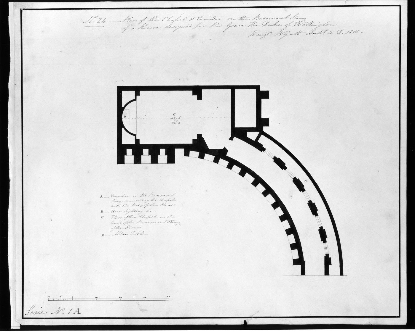 Plan of the chapel and corridor on the basement storey of the stable wing, Waterloo Palace (Series 1A)
