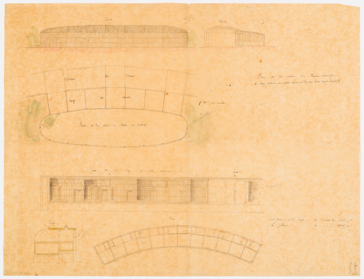 Zoological garden, Brussels: Elevations, plans, and sections of the small carnivore cage and an aviary