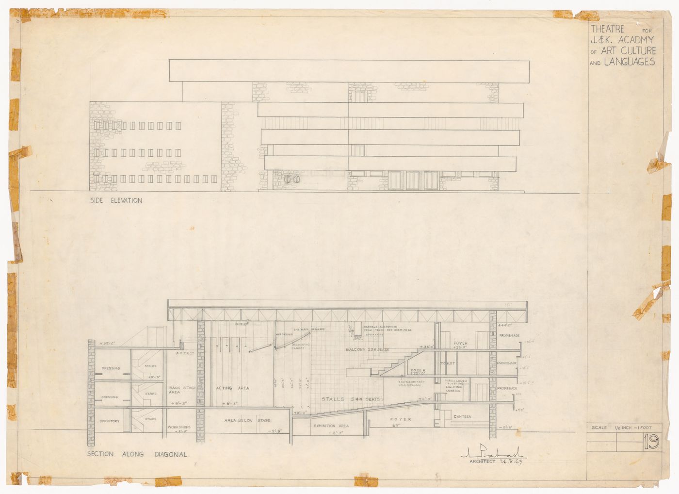 Elevation and section for Theatre for J&K Academy of Art, Culture and Languages, Jammu, India