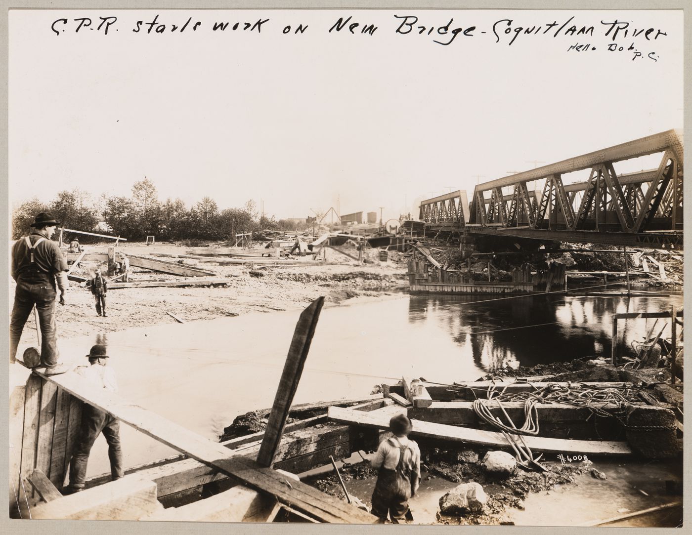 View of the Canadian Pacific Railroad Company triple-track bridge under construction over the Coquitlam River, Coquitlam (now Port Coquitlam), British Columbia