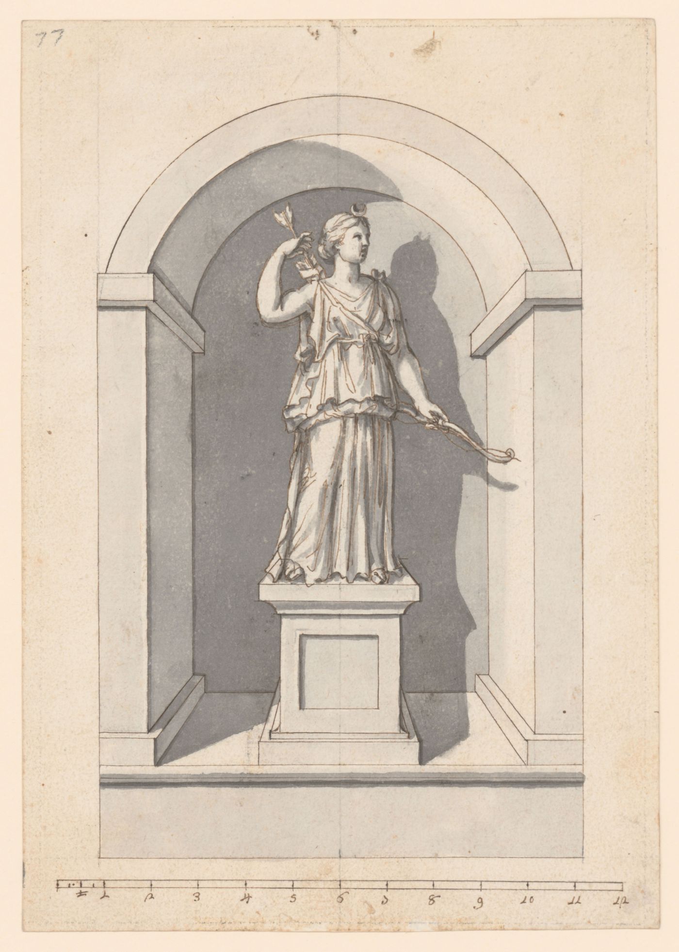 Pictorial drawing for a statue of Diana standing in a niche