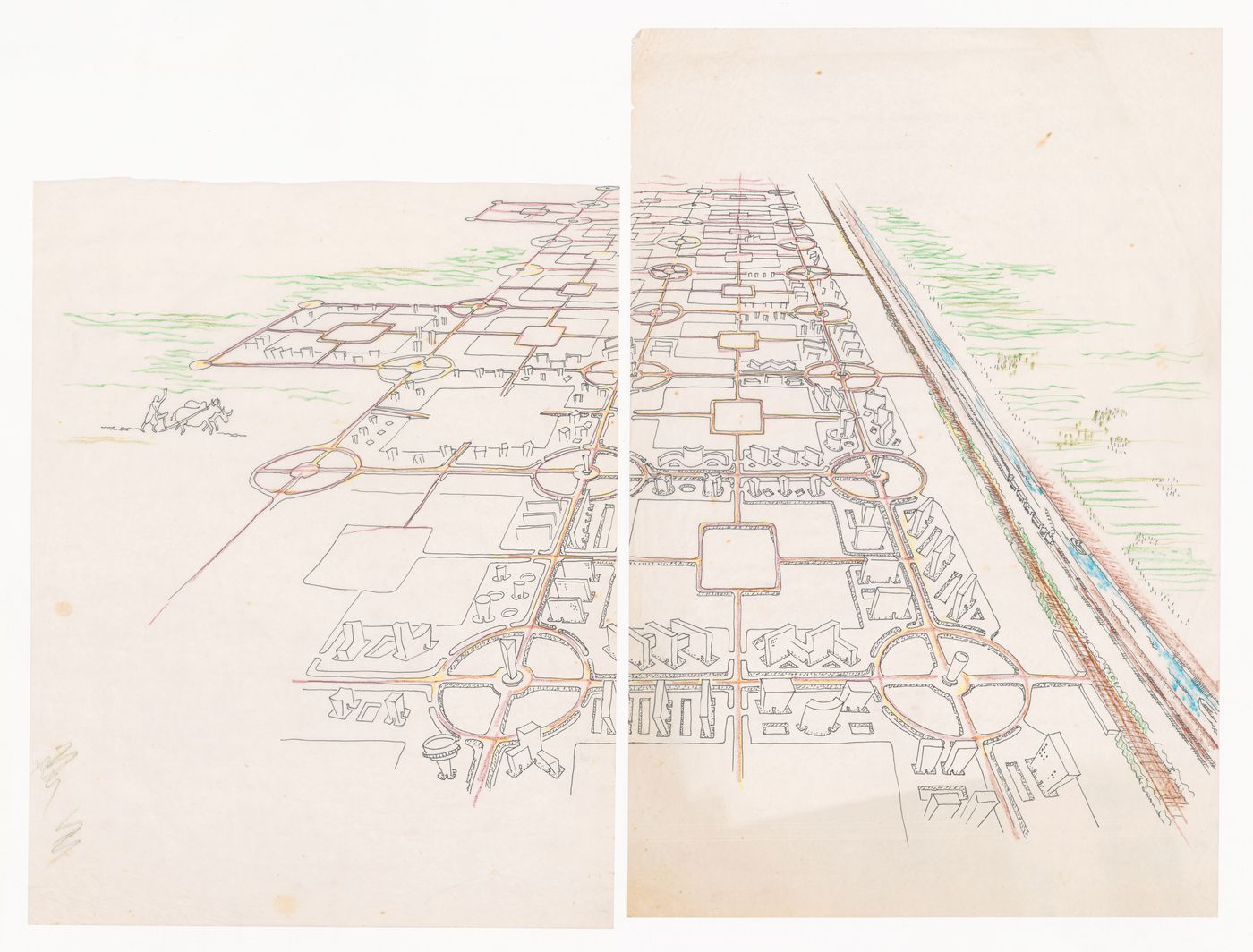 Perspective drawing of city blocks for Linear city, Chandigarh, India