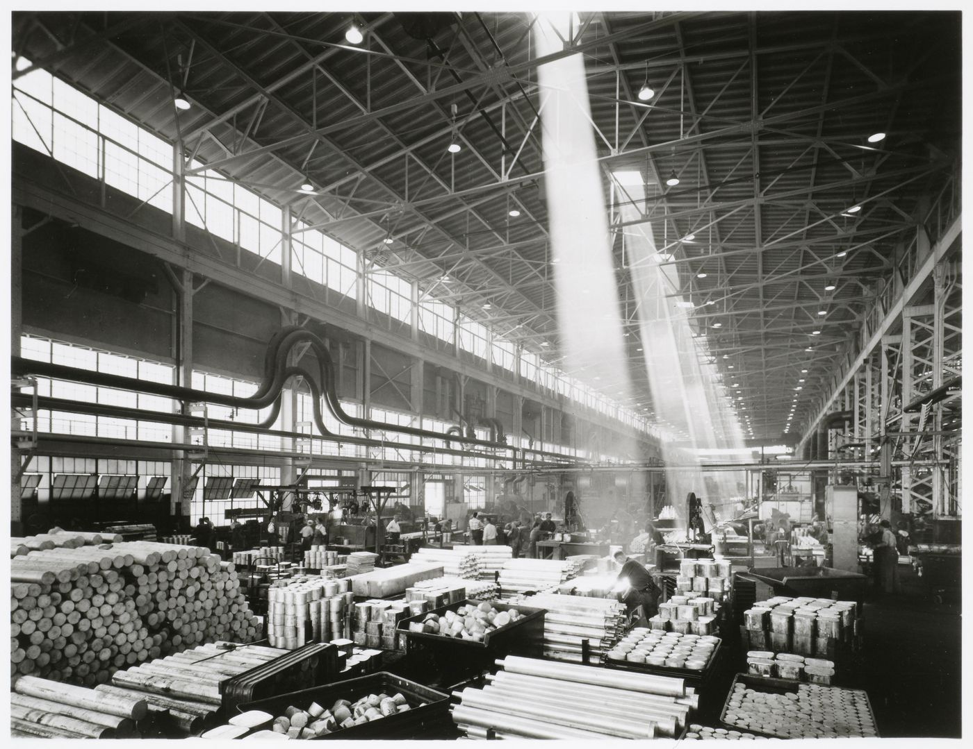 Interior view of the Aluminum Forge Building, General Motors Corporation Chevrolet division Automobile Assembly Plant, Saginaw, Michigan, United States