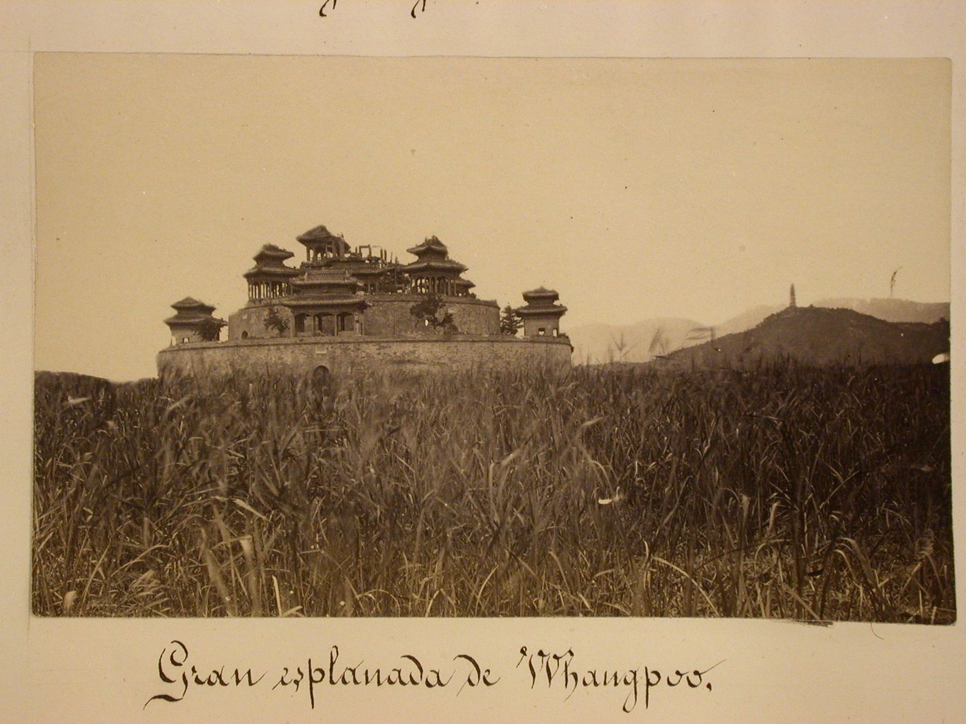 View of pavilions on a walled island, Garden of the Clear Ripples [Qing Yi Yuan] (now known as the Summer Palace or Yihe  Yuan), Peking (now Beijing), China