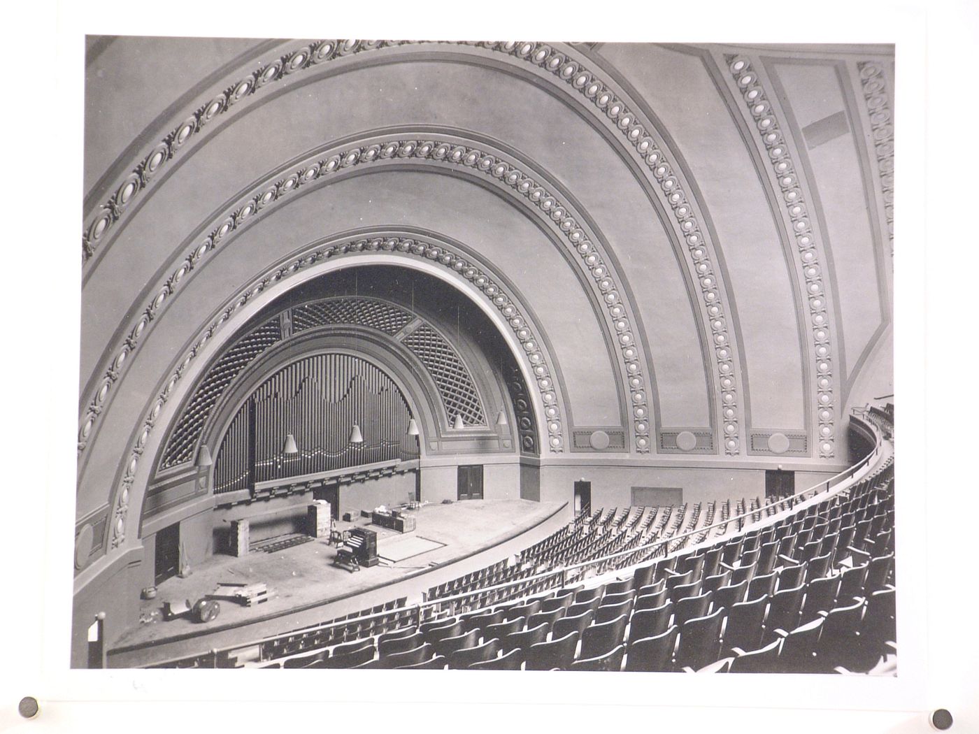 Interior view of Hill Auditorium showing the stage under construction, 825 North University Avenue, University of Michigan, Ann Arbor, Michigan