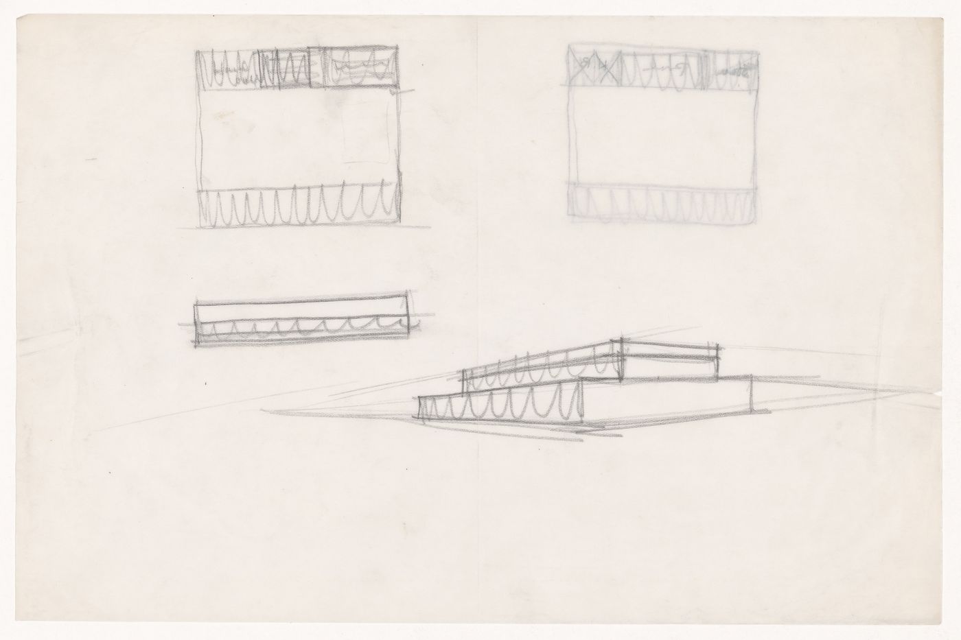 Perspective sketch, sketch elevation and sketch plan for the Gymnasium and Natatorium; verso: Sketch plan for the Gymnasium and Natatorium