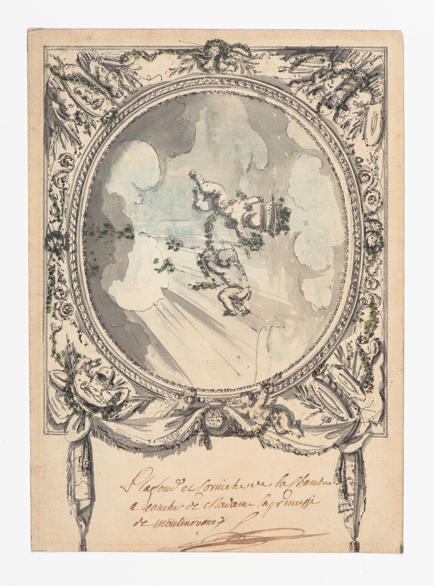 Design for a ceiling decoration: putti with flowers in the centre