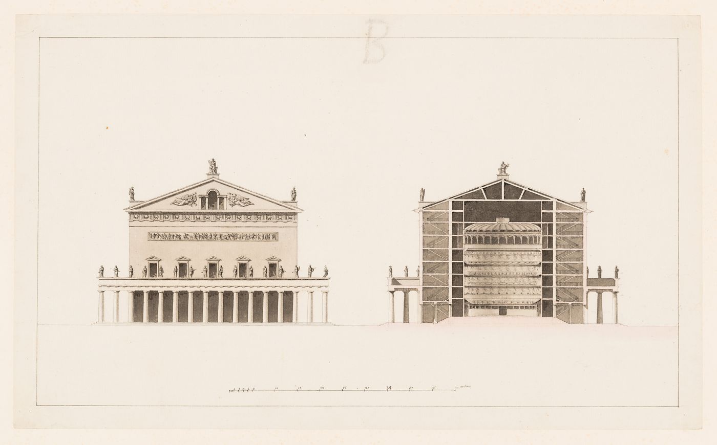 Plan for a hospital; verso: Elevation and section for an opera house