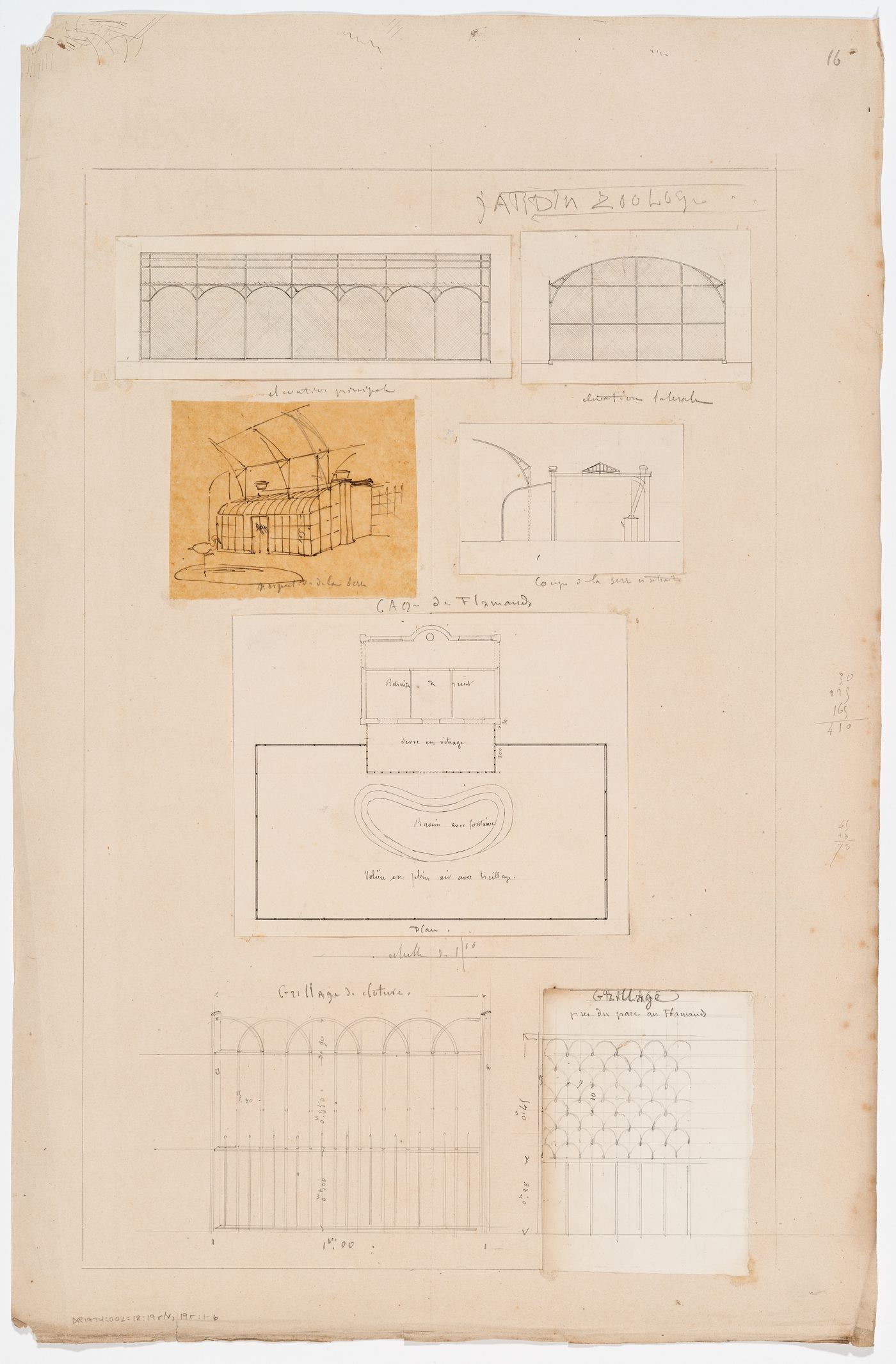 Zoological garden, Antwerp [?]: Elevations, perspective sketch, section, plan, and details of the flamingo aviary