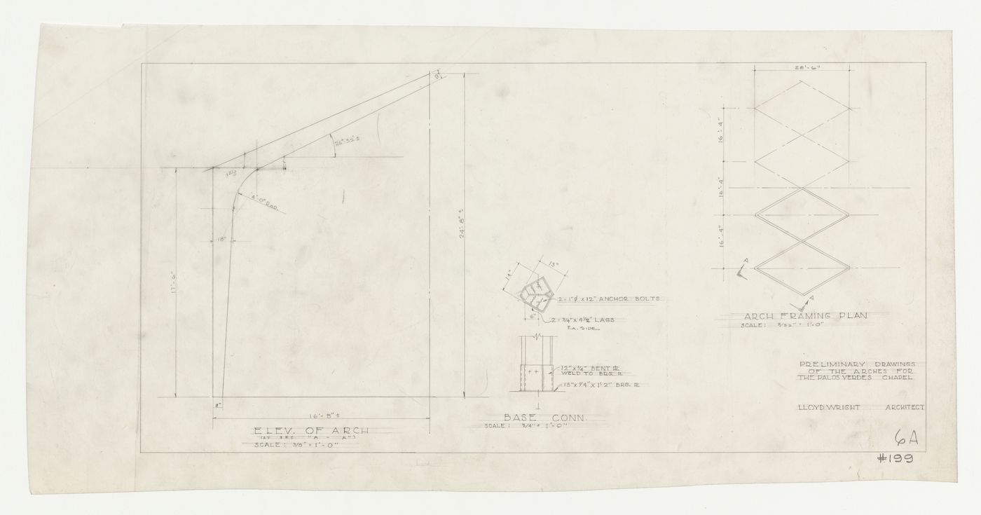 Wayfarers' Chapel, Palos Verdes, California: Elevation and plan for chapel redwood bent trusses, including details for base construction