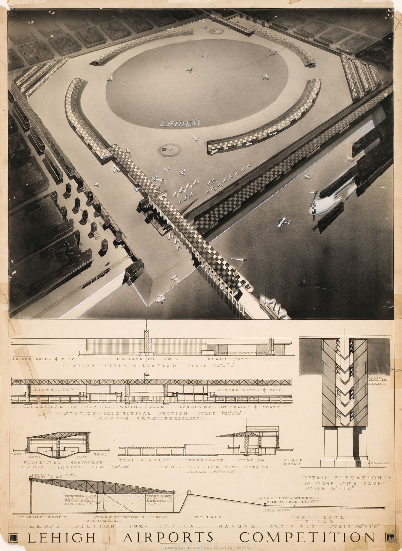 Competition panel for the Lehigh Airports Competition: Aerial perspective, elevations and sections